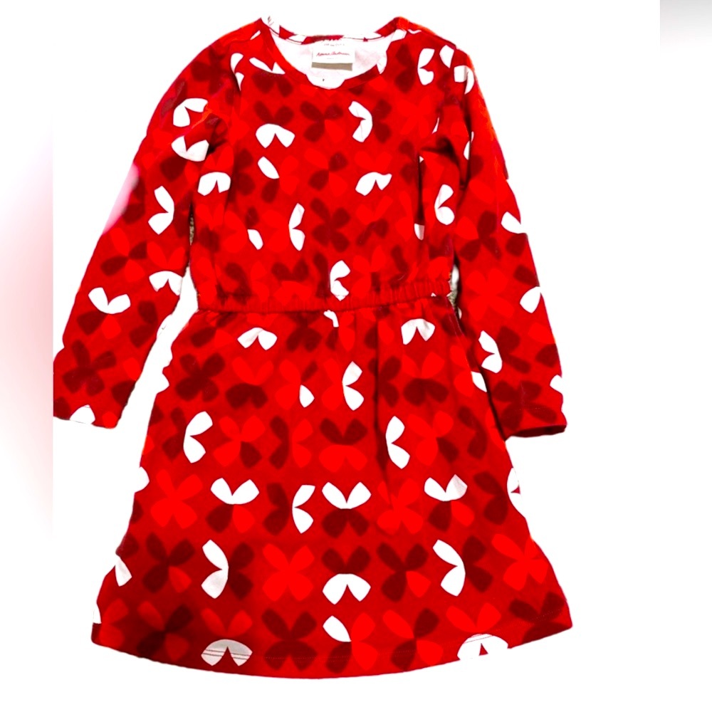 Hanna Andersson red orange white  cinched waist tie dress long sleeve